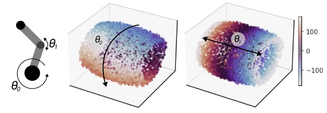 PCA of Reacher embeddings colored by the two joint angles